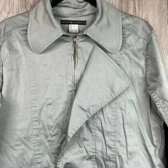 Peruvian Connection Jacket Sz L Wind Sage Green Cotton Spring Stains - Picture 3 of 12